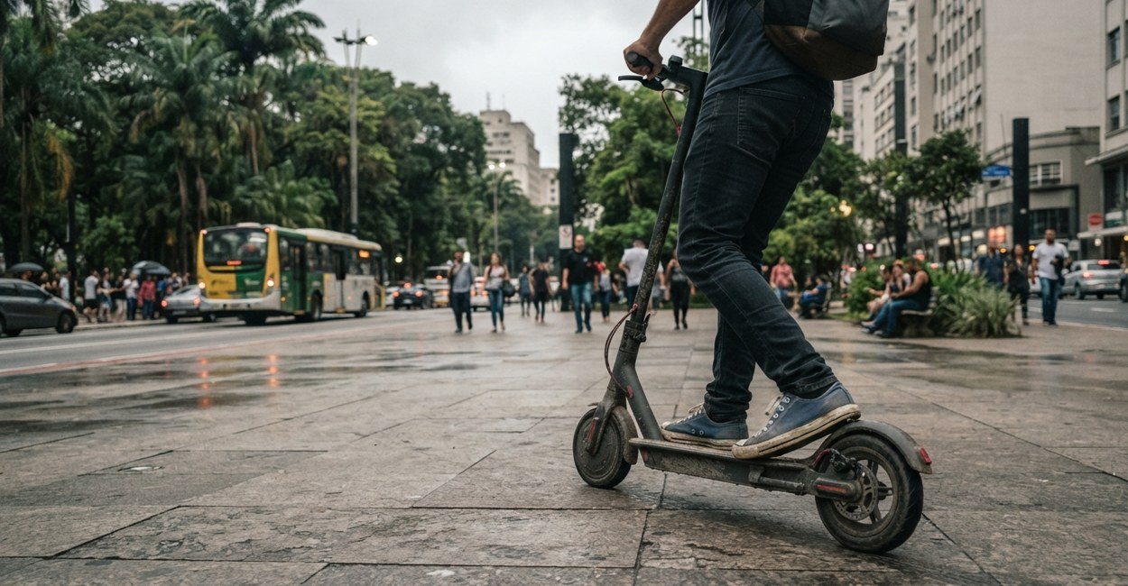 Pé com tênis pisando no para-lama traseiro de um patinete elétrico para frear