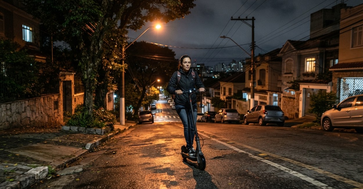 Mulher descendo rua inclinada de patinete elétrico com a mão firme na manete de freio