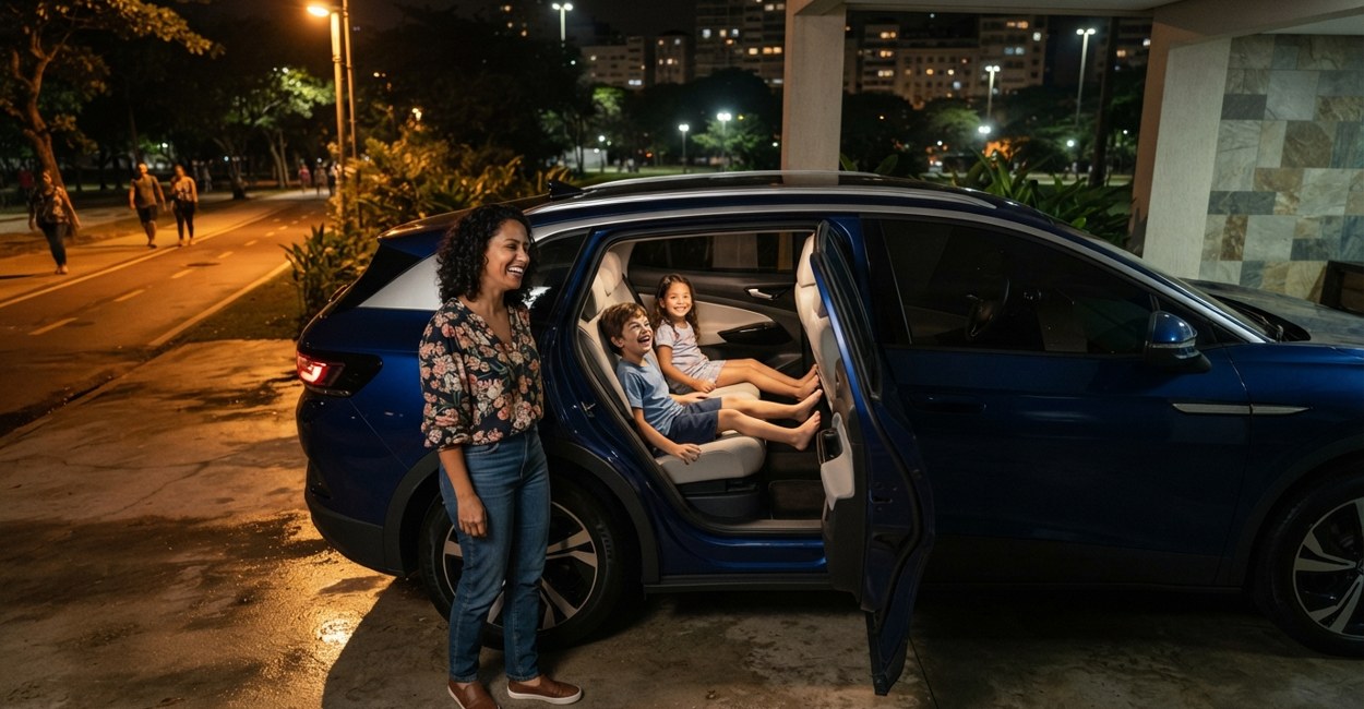 Mãe ri ao ver os dois filhos esticando as pernas com folga no banco traseiro de um carro elétrico familiar azul-escuro