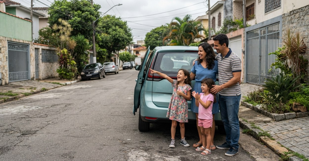 Família sorri na rua de casa ao lado de um carro elétrico familiar verde-água com a porta aberta, a menina apontando para o carro