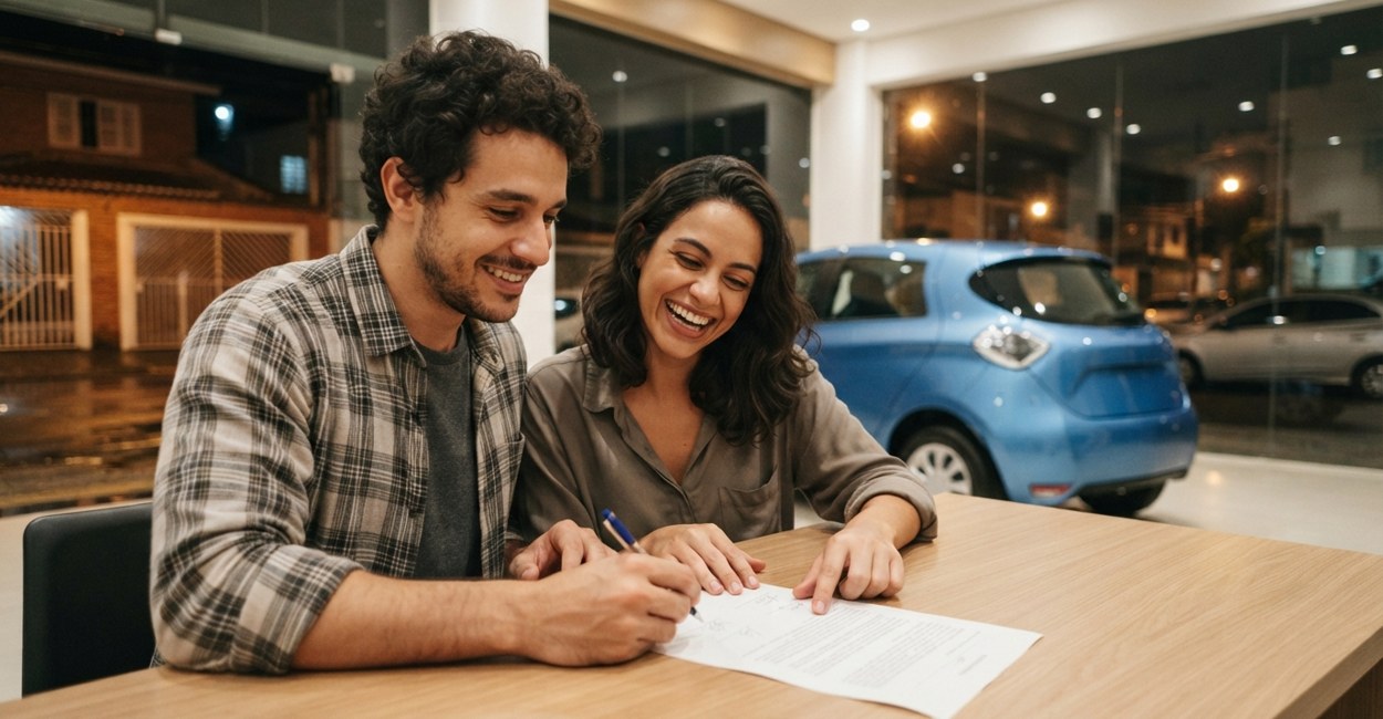 Casal sorri enquanto confere um contrato numa concessionária à noite, com um hatch elétrico compacto azul ao fundo