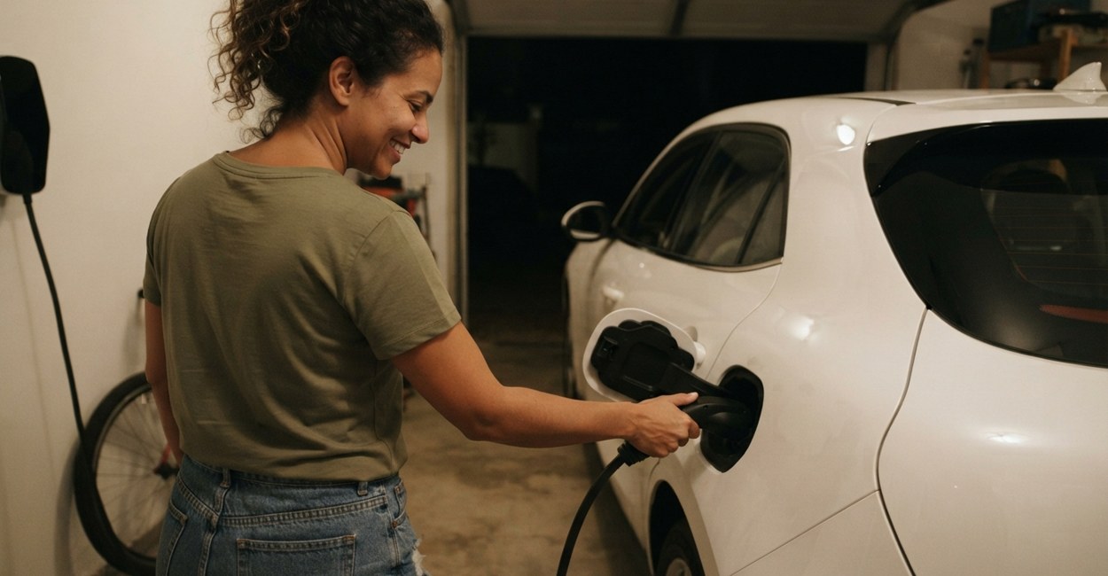 Mulher sorri enquanto encaixa o plugue de recarga num hatch elétrico branco dentro da garagem de casa à noite