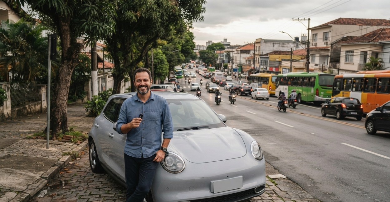 Homem sorri encostado num hatch elétrico compacto prata estacionado numa avenida arborizada de bairro, com a chave na mão