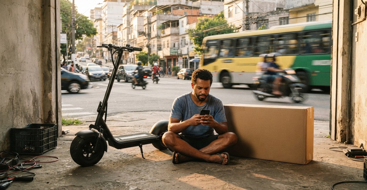 Homem confere o celular sentado ao lado de um patinete elétrico preto recém-desembalado na garagem