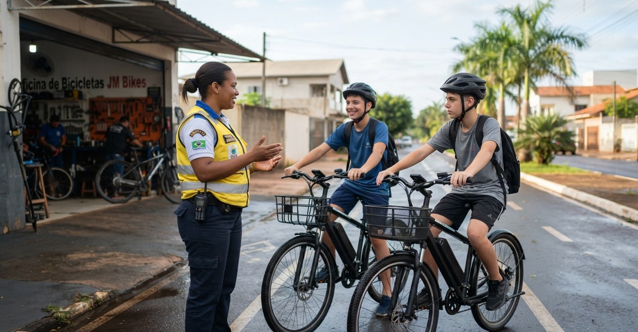 Agente de trânsito orienta dois adolescentes de capacete com bicicletas elétricas numa ciclovia