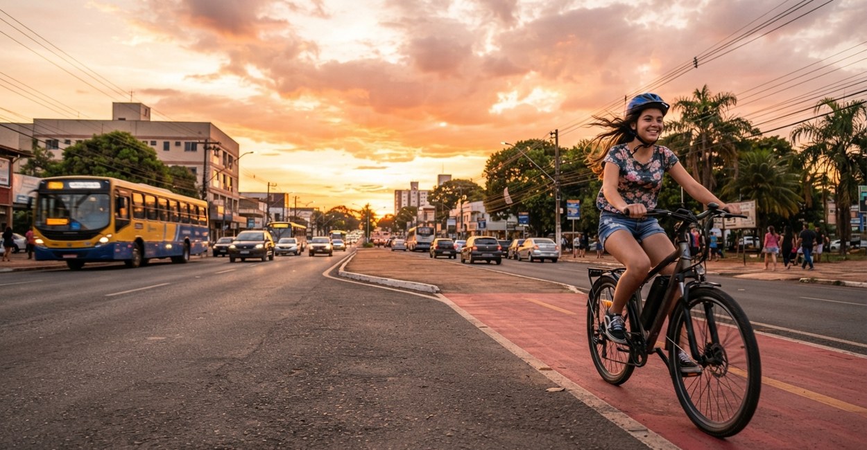 Garota de capacete pedala bicicleta elétrica numa ciclofaixa de cidade do interior ao entardecer