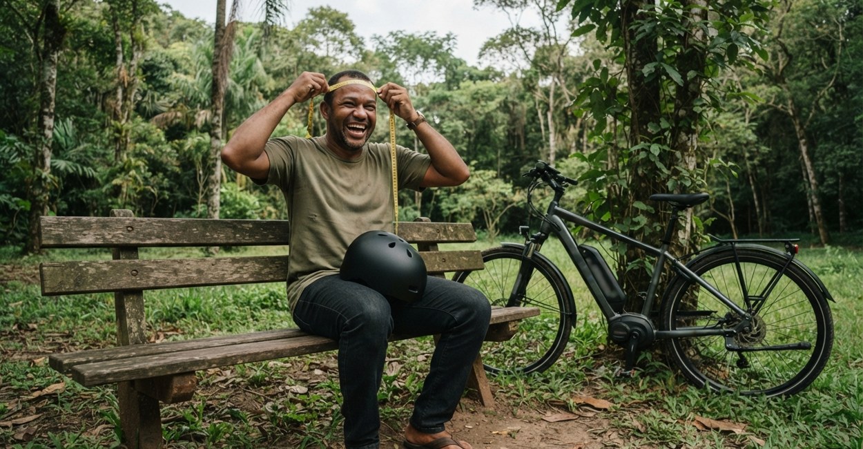 Homem ri sentado num banco de parque enquanto mede a cabeça com fita métrica, com o capacete no colo e a bicicleta elétrica ao lado
