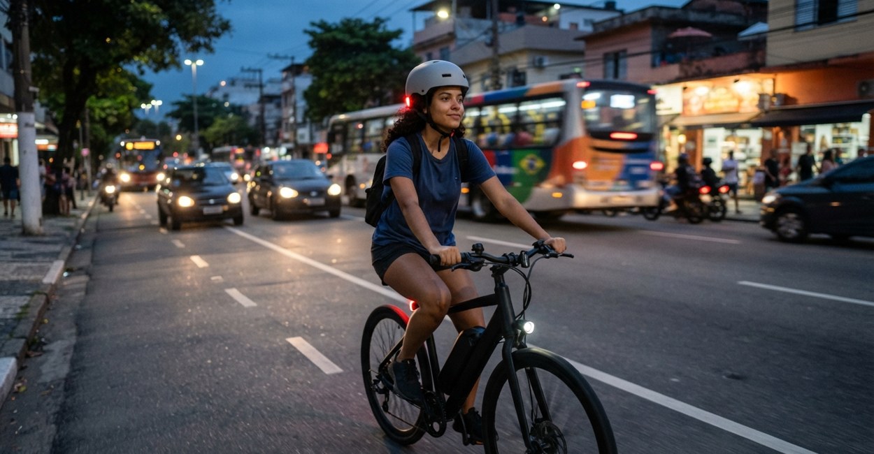 Jovem de capacete com luz traseira acesa pedala uma bicicleta elétrica com farol ligado numa avenida ao anoitecer