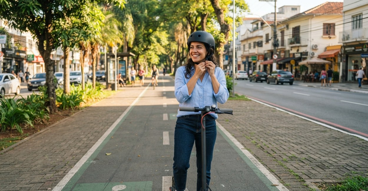 Mulher sorri enquanto afivela o capacete antes de sair de patinete elétrico numa ciclovia arborizada