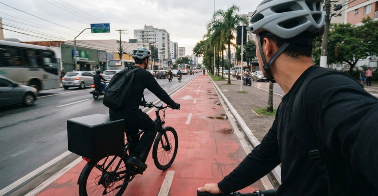 Ciclista com baú no bagageiro da bike elétrica pedala na ciclovia