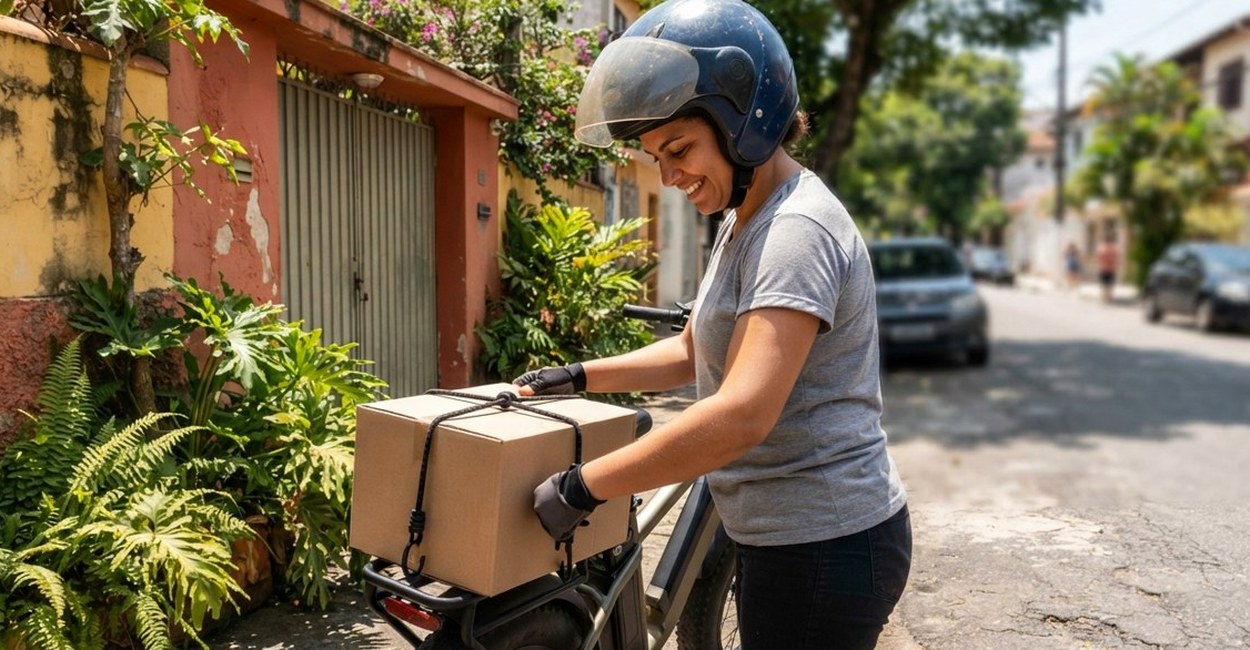 Mulher sorridente prende uma caixa no bagageiro da bike elétrica