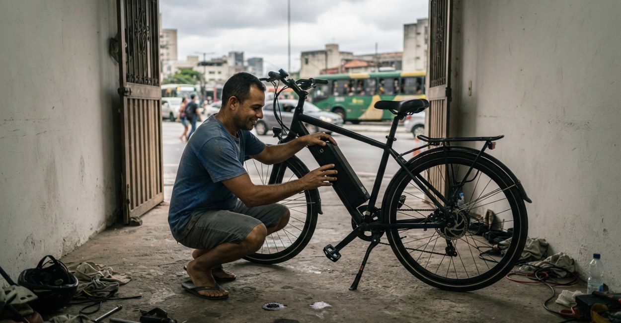 Homem agachado no portão da garagem sorri enquanto encaixa a bateria removível no quadro de uma bicicleta elétrica preta