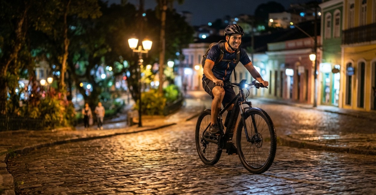 Rapaz de capacete e mochila sorri enquanto pedala uma bicicleta elétrica com farol aceso numa rua de paralelepípedo à noite