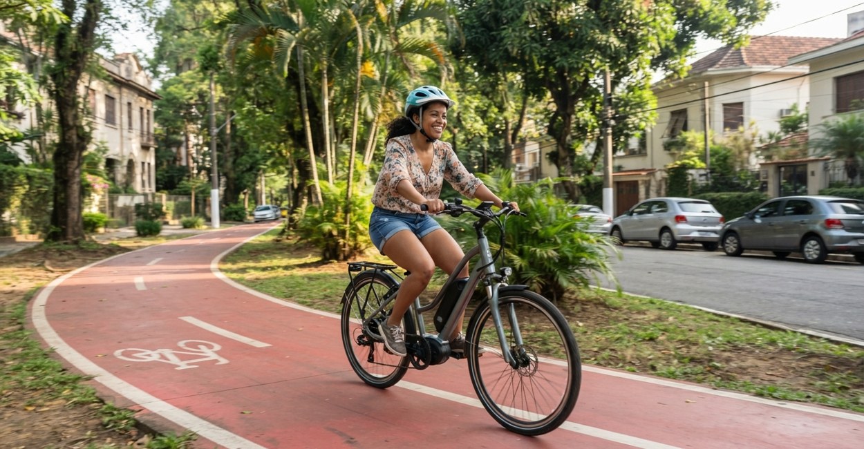 Mulher de capacete sorri enquanto pedala uma bicicleta elétrica urbana numa ciclofaixa de bairro pela manhã