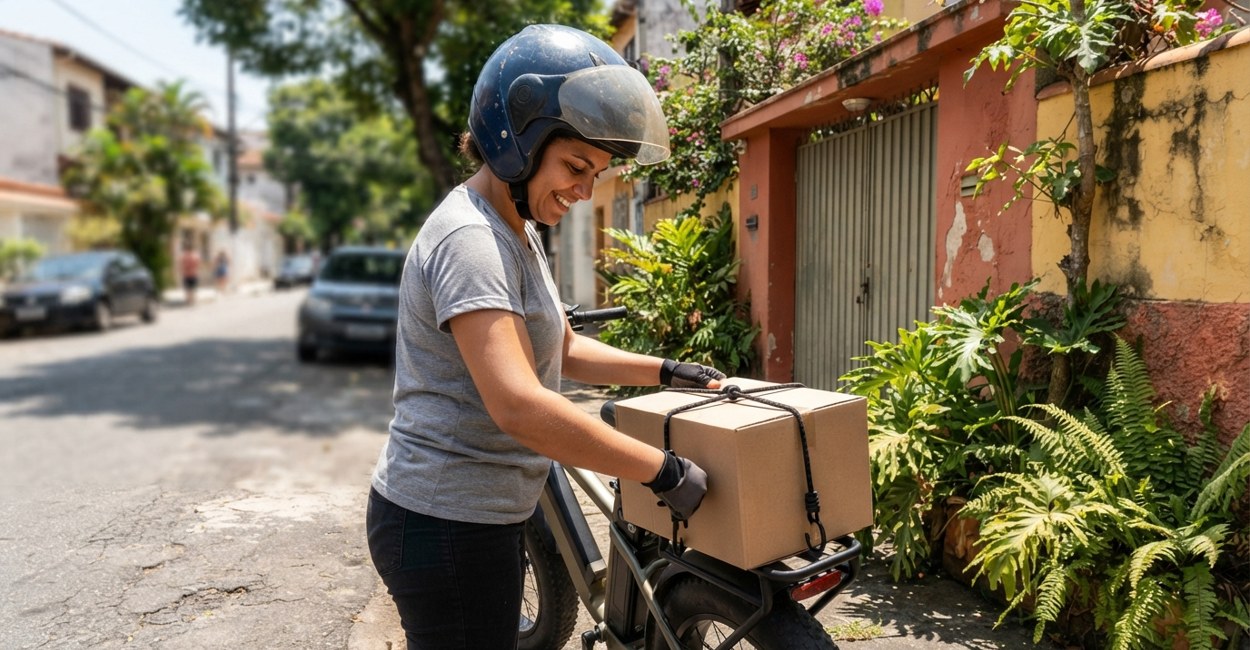 Entregadora de capacete sorri ao prender uma caixa no bagageiro traseiro de uma bicicleta elétrica de pneus largos