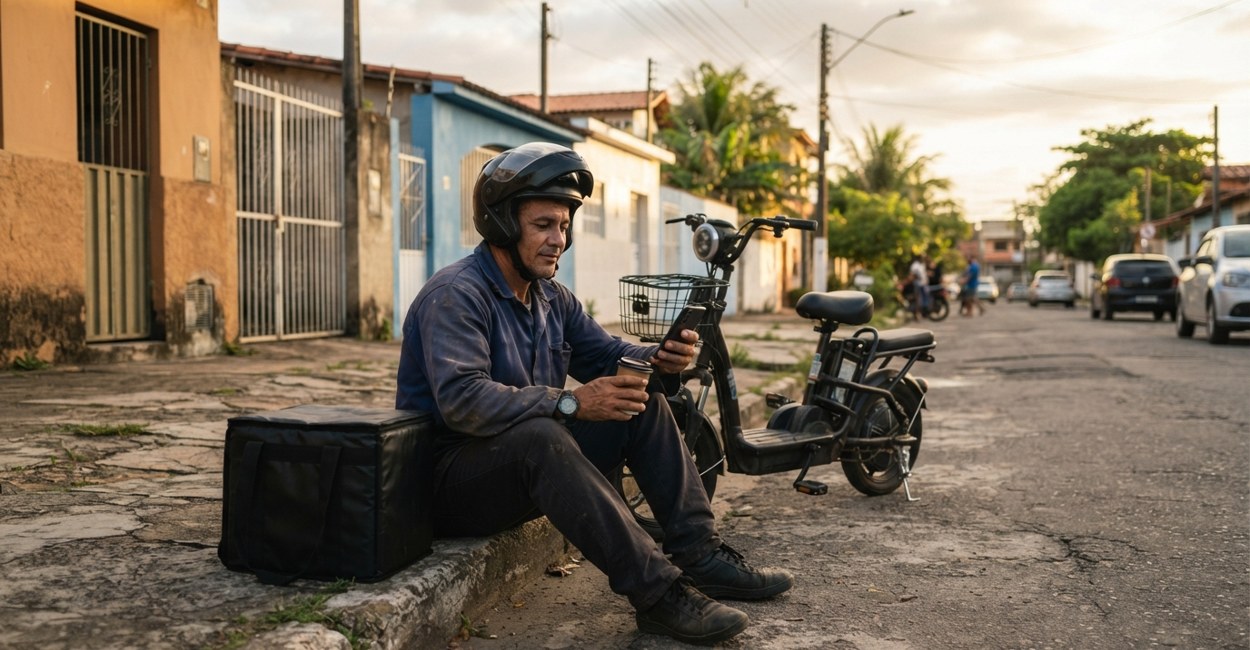 Entregador de capacete sentado no meio-fio olha o celular ao lado de uma bicicleta elétrica estilo scooter