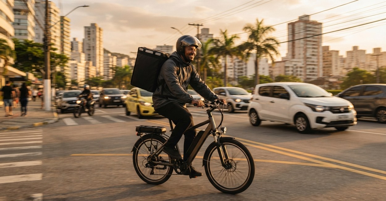 Entregador de capacete com bag térmica nas costas pedala sorrindo uma bicicleta elétrica numa avenida no fim da tarde