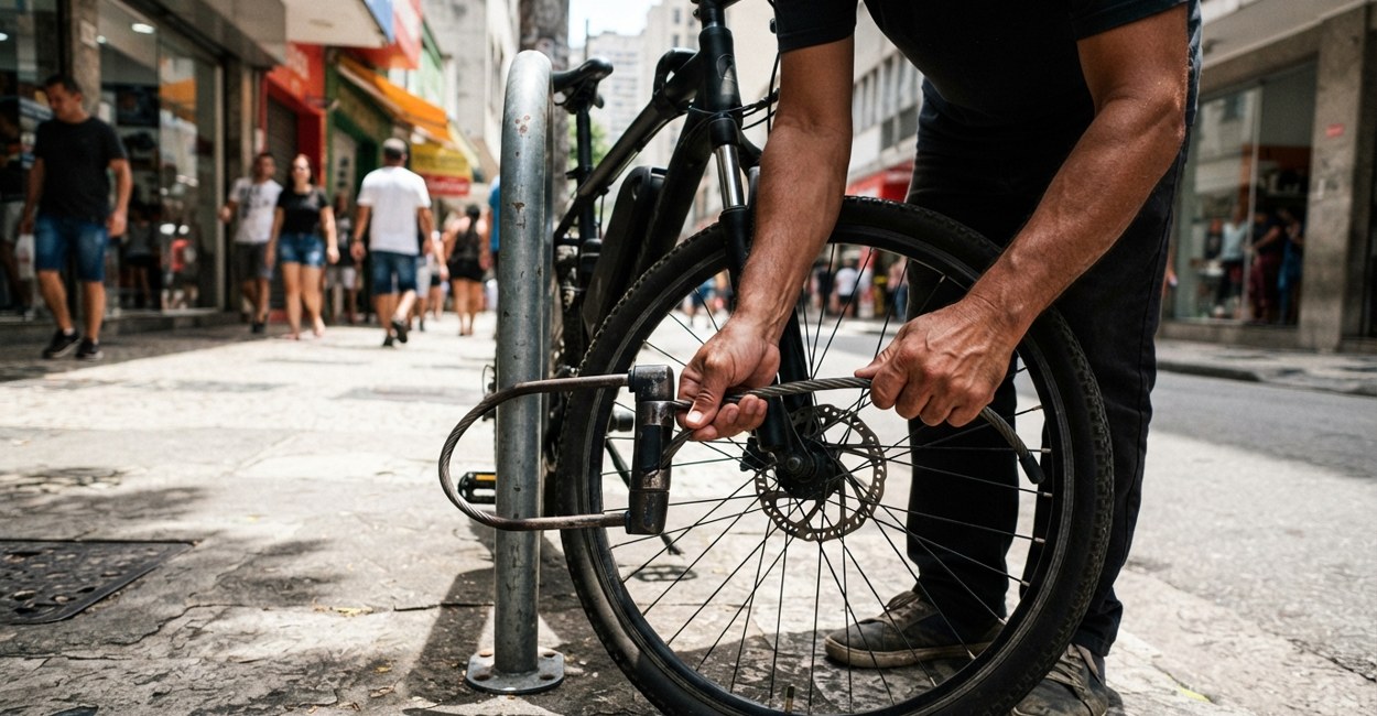 Mãos de homem passam um cabo de aço pela roda dianteira de uma bicicleta elétrica junto a um paraciclo