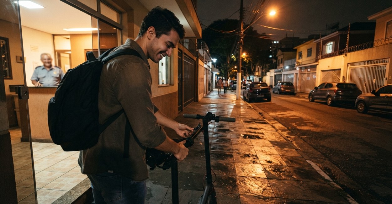 Jovem de mochila dobra o patinete elétrico na entrada de um prédio à noite para levá-lo para dentro