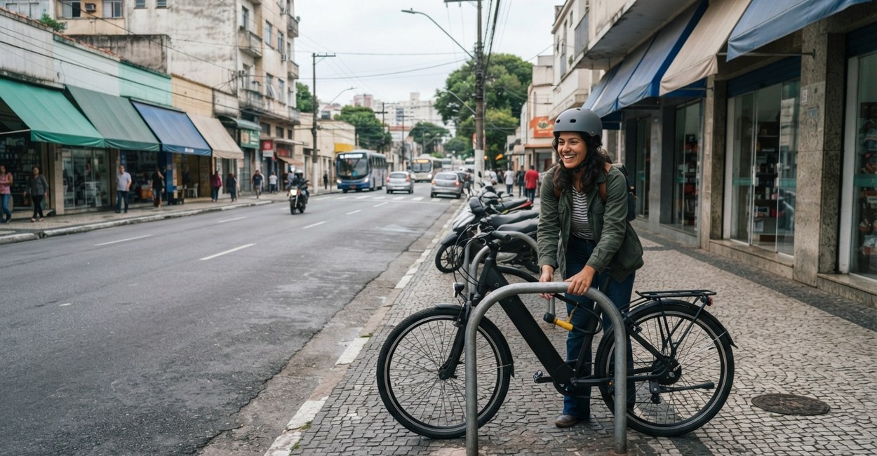 Mulher de capacete sorri ao prender com cadeado em U a bicicleta elétrica num paraciclo de rua comercial