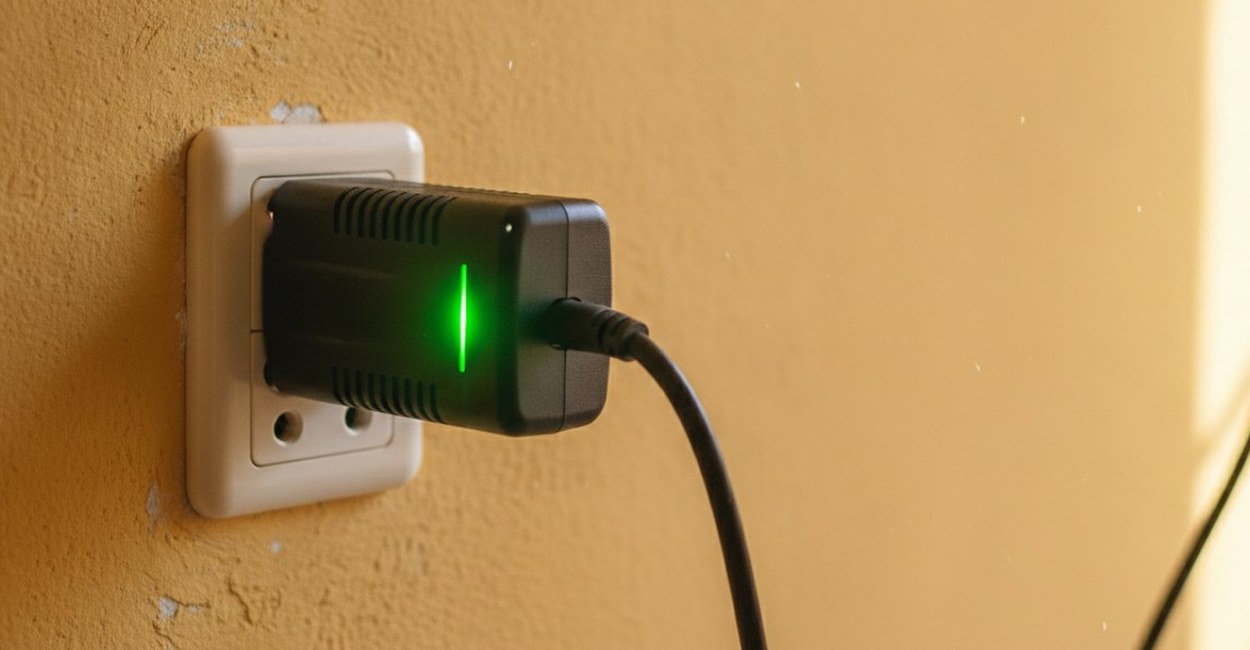 Carregador de patinete elétrico ligado na tomada da parede com a luz verde acesa