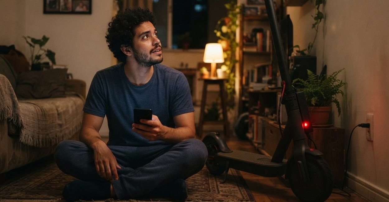 Homem sentado no chão da sala ao lado do patinete elétrico carregando, com a luz do carregador acesa