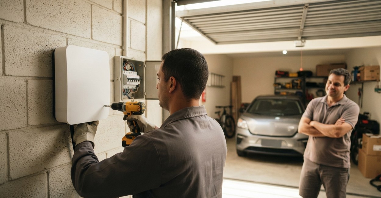 Eletricista instala o carregador wallbox na parede da garagem ao lado do quadro de disjuntores enquanto o dono da casa observa