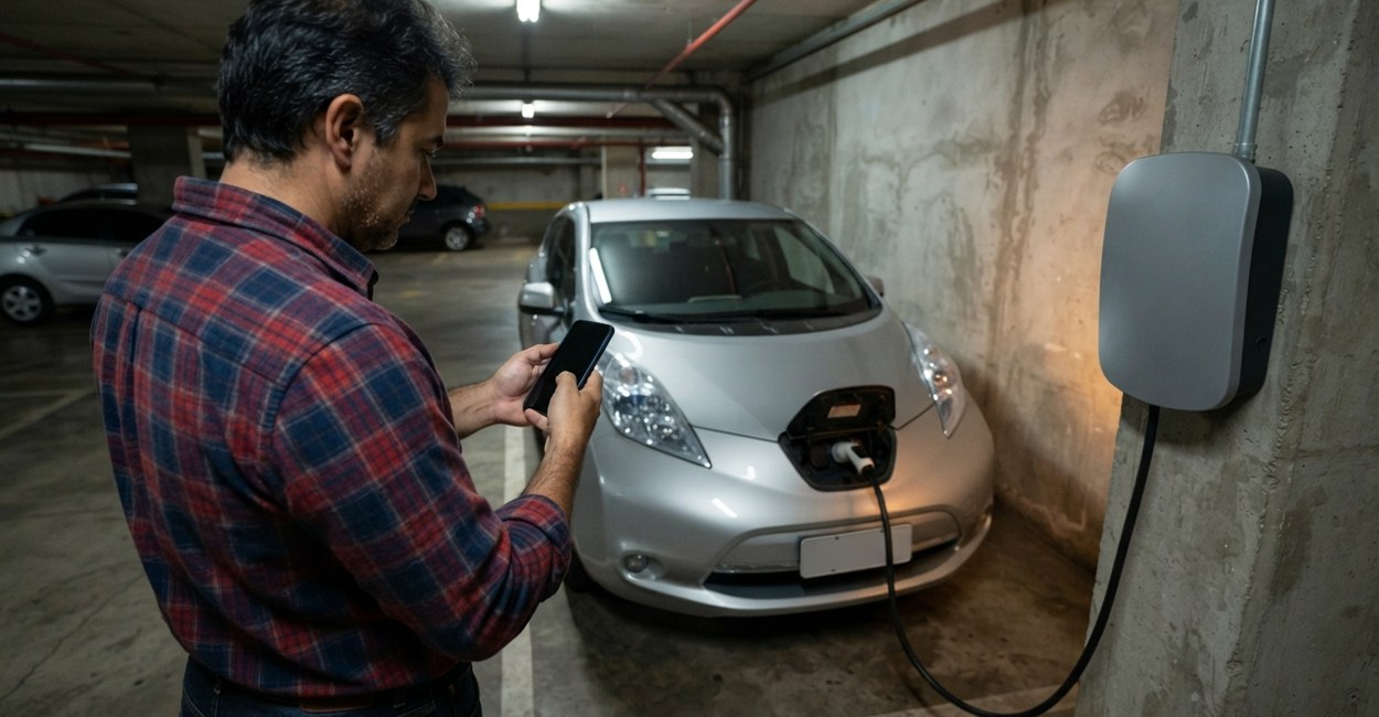 Homem confere o celular ao lado do carro elétrico prata conectado ao wallbox na garagem do prédio