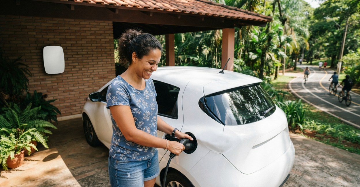Mulher sorri ao conectar o cabo de recarga no carro elétrico branco na garagem de casa, com o wallbox na parede