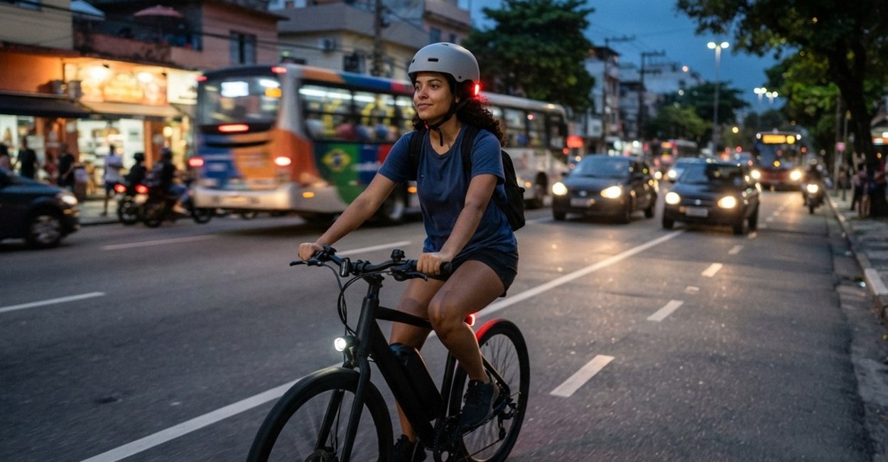 Ciclista de capacete pedala bike elétrica numa avenida ao anoitecer