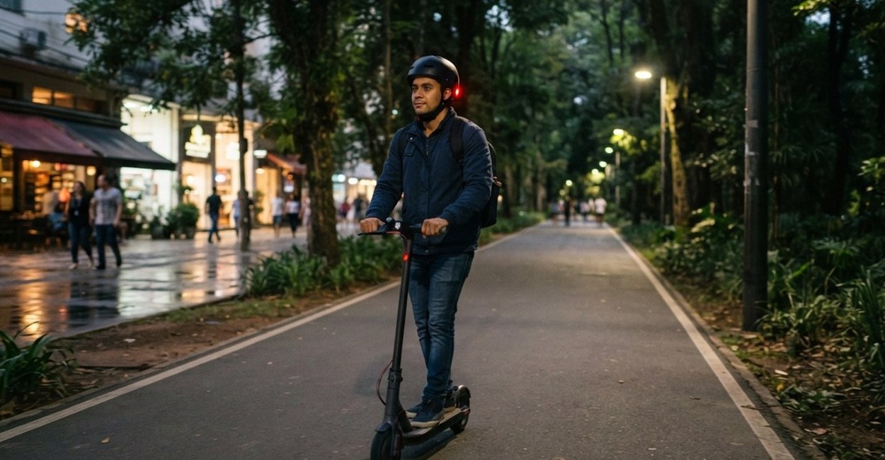 Homem de capacete pilota patinete elétrico num parque à noite