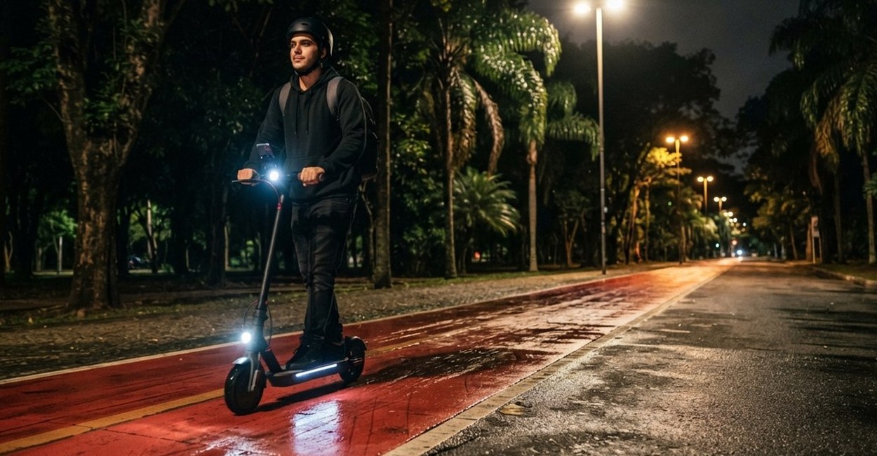Homem pilota patinete elétrico com farol aceso numa ciclovia à noite