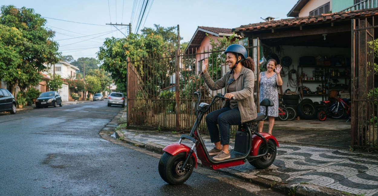 Mulher de capacete acena para a vizinha sentada numa scooter elétrica vermelha de pneus largos em frente ao portão
