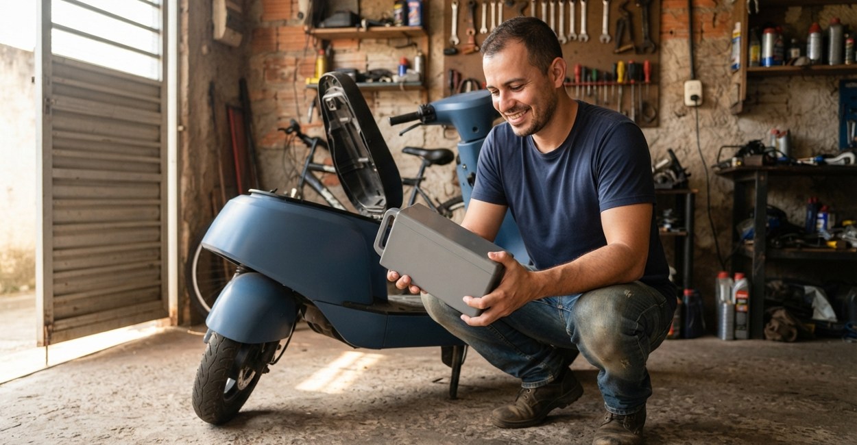 Homem agachado na garagem segura a bateria removível tirada de uma scooter elétrica para carregar na tomada