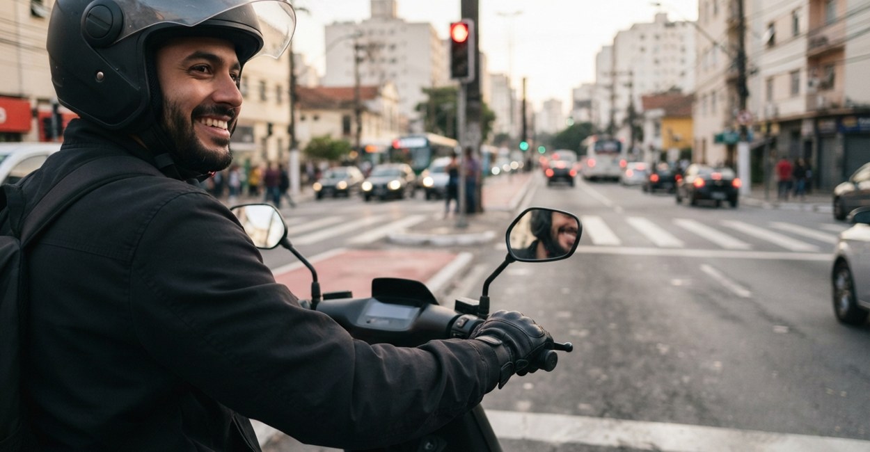 Rapaz de capacete sorri parado no semáforo montado numa scooter elétrica com placa numa avenida urbana