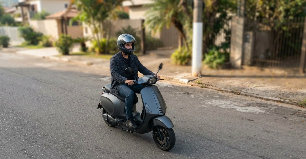 Homem de capacete fechado pilota scooter elétrica cinza numa rua residencial arborizada