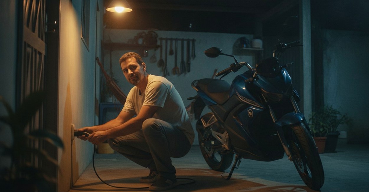 Homem agachado na garagem à noite liga na tomada o cabo de recarga de uma moto elétrica azul