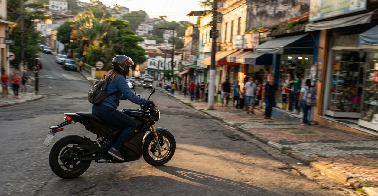 Mulher de capacete fechado pilota moto elétrica de rua com placa numa avenida no fim da tarde