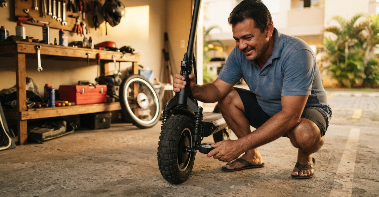Homem agachado na garagem confere com um calibrador a pressão do pneu de um patinete elétrico
