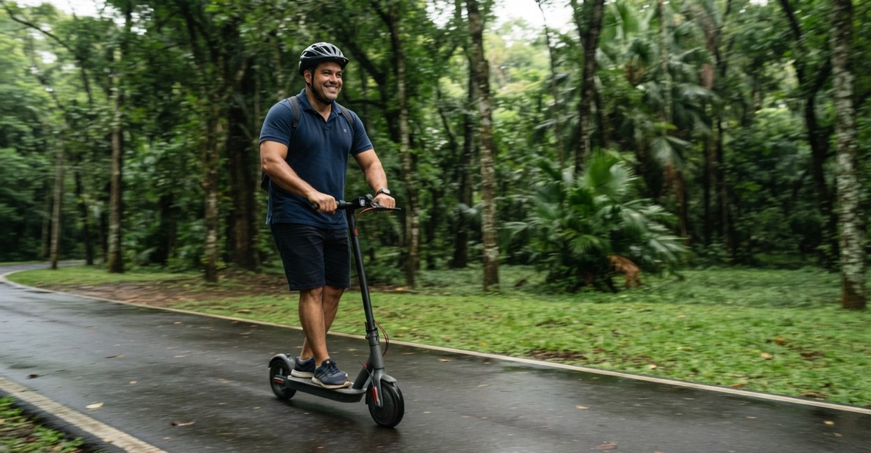Homem de corpo grande e capacete sorri em pé sobre um patinete elétrico numa ciclovia arborizada de parque
