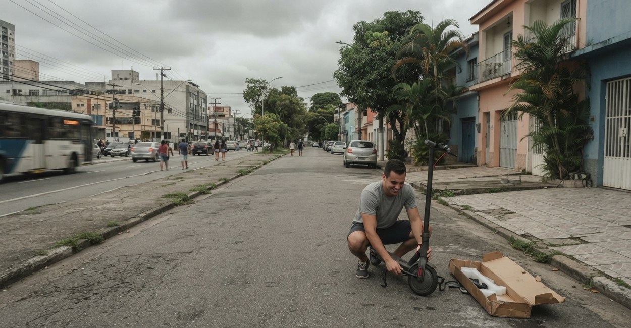 Rapaz agachado em frente de casa confere o pneu de um patinete elétrico recém-montado ao lado da caixa aberta
