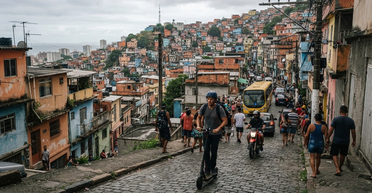 Homem de capacete e mochila sobe uma rua inclinada de bairro num patinete elétrico no fim da tarde