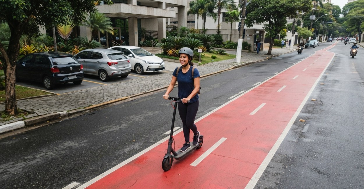 Mulher de capacete sorri enquanto conduz um patinete elétrico dobrável numa ciclofaixa de bairro pela manhã
