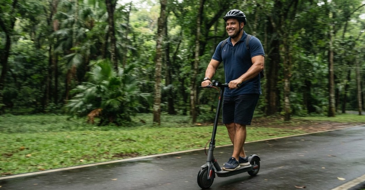 Homem de capacete anda de patinete elétrico numa ciclovia arborizada depois da chuva