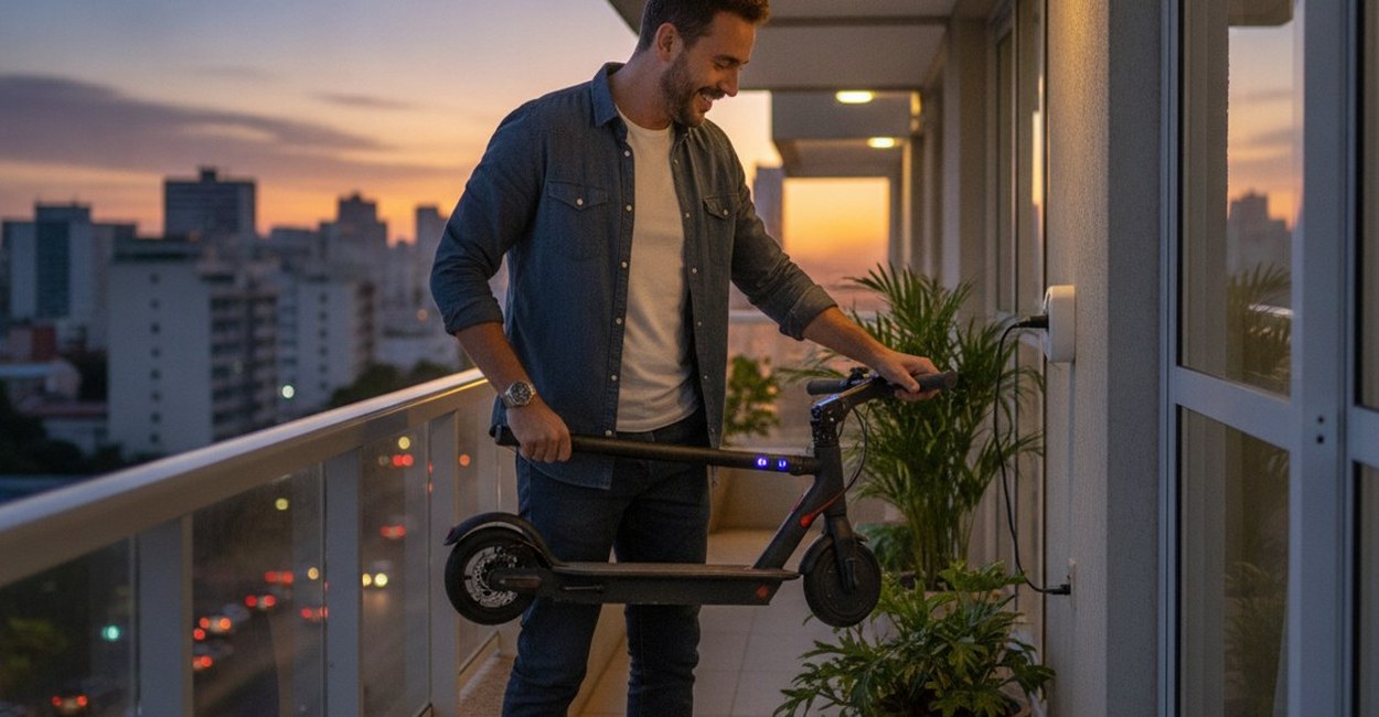 Homem guarda o patinete elétrico dobrado na varanda do apartamento ao entardecer