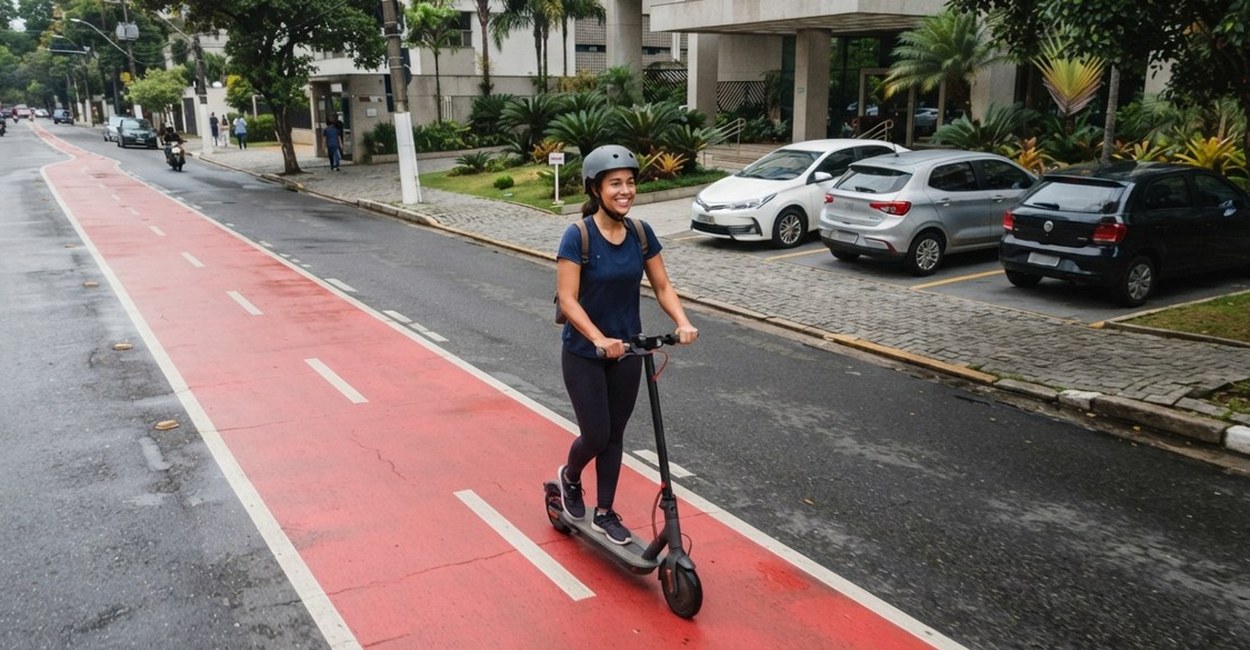 Mulher de capacete sorri em pé num patinete elétrico numa ciclofaixa vermelha de bairro