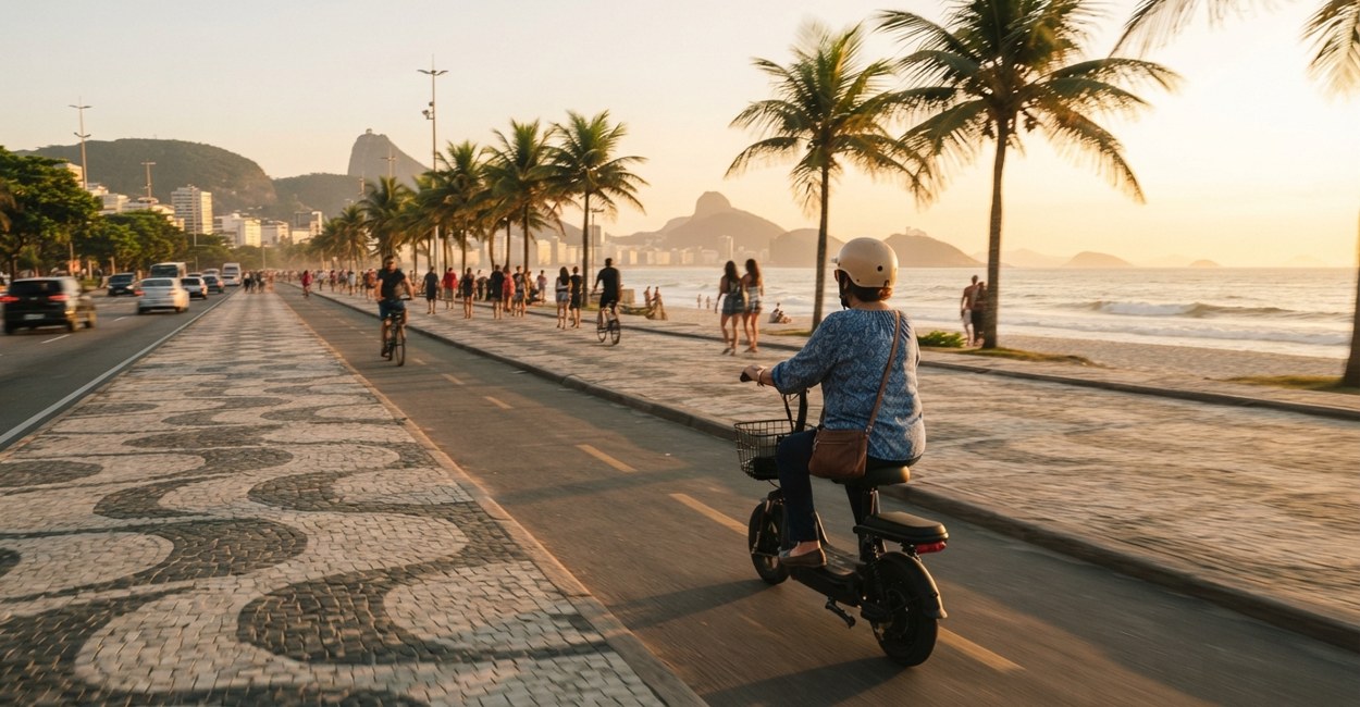 Mulher de capacete anda sentada num patinete elétrico com banco pela orla, no fim da tarde