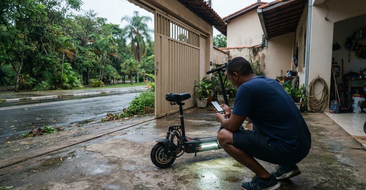 Rapaz agachado confere um patinete elétrico com banco na entrada da garagem de casa