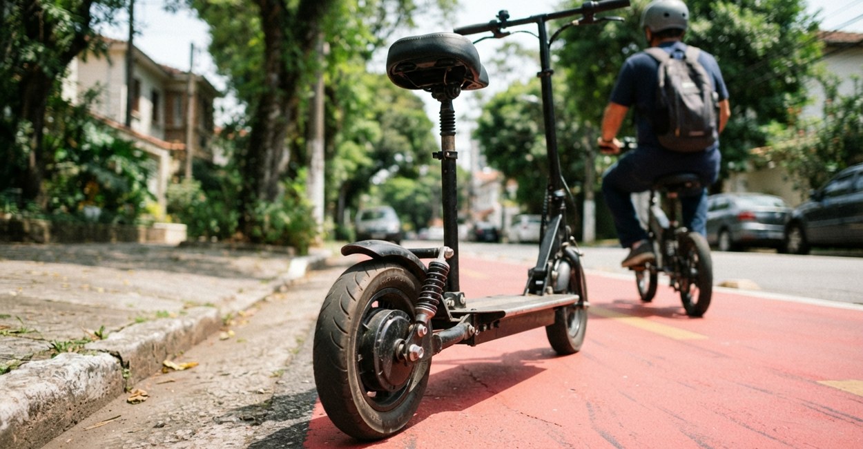Patinete elétrico com banco parado numa ciclofaixa de bairro arborizado, com um ciclista de capacete à frente