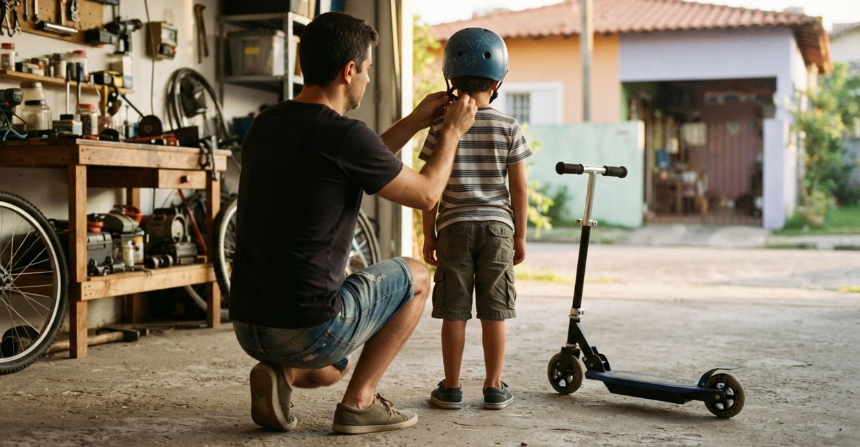 Pai afivela o capacete do filho na garagem de casa, ao lado de um patinete infantil